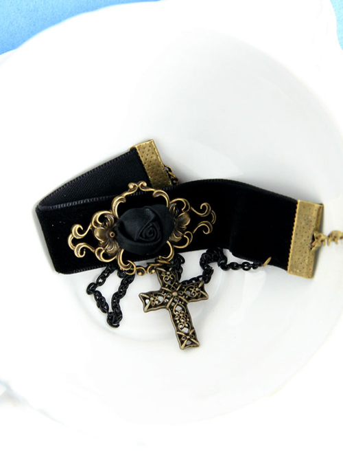 Velvet Vintage Crucifix Black Rose Elegant Gothic Lolita Bracelet