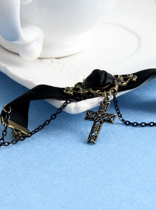 Velvet Vintage Crucifix Black Rose Elegant Gothic Lolita Bracelet