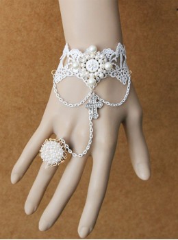 Retro Palace Style White Lace Crucifix Pendant Lolita Bracelet And Ring Set