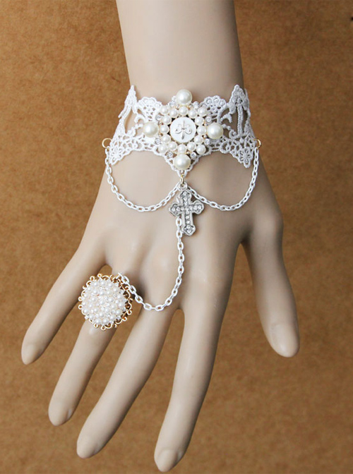 Retro Palace Style White Lace Crucifix Pendant Lolita Bracelet And Ring Set