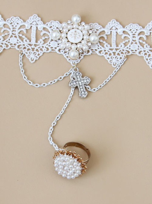 Retro Palace Style White Lace Crucifix Pendant Lolita Bracelet And Ring Set