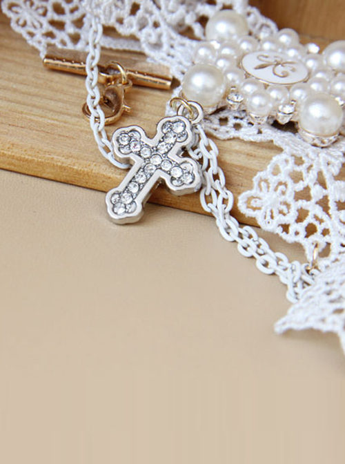 Retro Palace Style White Lace Crucifix Pendant Lolita Bracelet And Ring Set