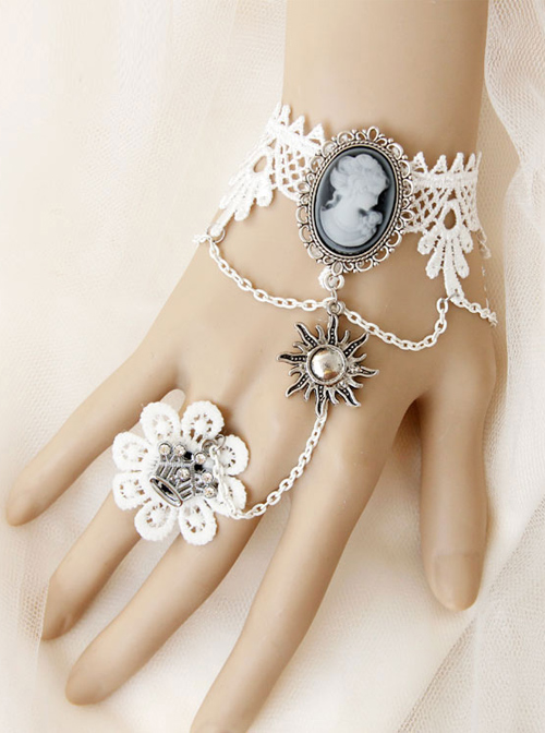 Baroque Style Retro Wedding White Lace Lolita Bracelet And Ring Set