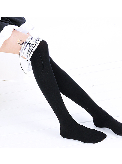 White Lace Black Lovely Slim Lolita Knee Socks