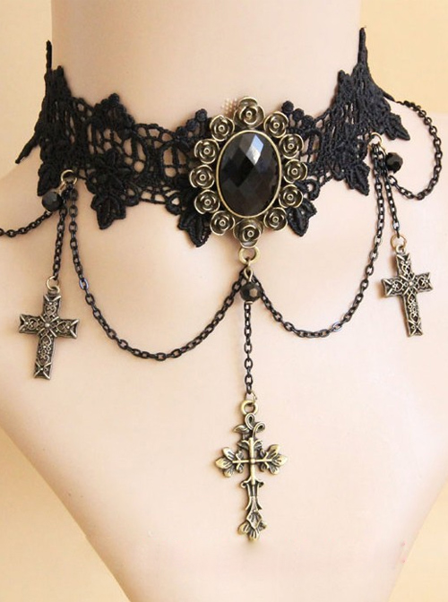 Fashion Black Lace Bronzing Crucifix Lolita Necklace