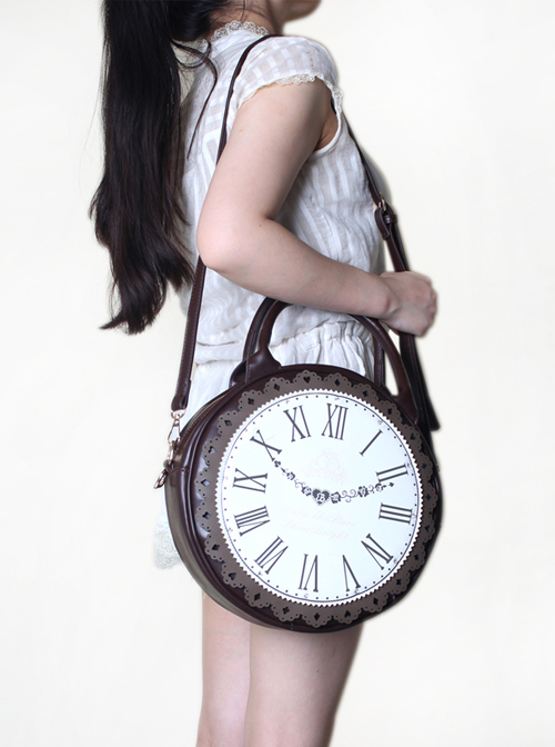 Dark Brown Retro Clock Prototype Lace Lolita Handbag