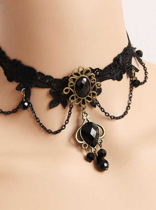 Black Woven Flowers Lace Gothic Lolita Necklace