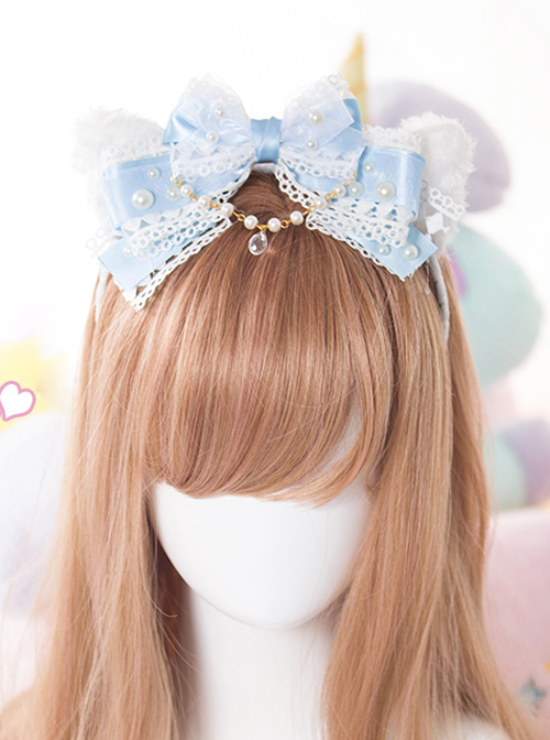 White Cat Ears Pearl Lace Bowknot Bead Chain Sweet Lolita Head Band