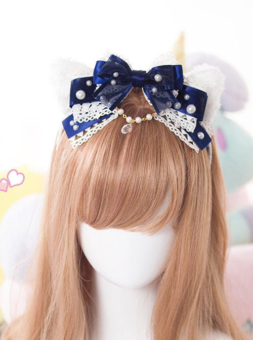 White Cat Ears Pearl Lace Bowknot Bead Chain Sweet Lolita Head Band