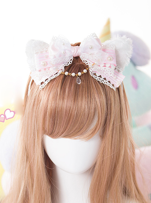 White Cat Ears Pearl Lace Bowknot Bead Chain Sweet Lolita Head Band