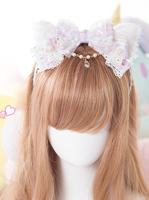 White Cat Ears Pearl Lace Bowknot Bead Chain Sweet Lolita Head Band