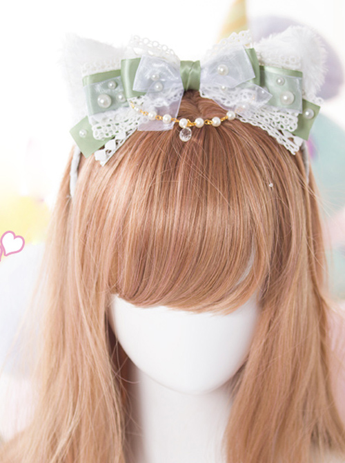 White Cat Ears Pearl Lace Bowknot Bead Chain Sweet Lolita Head Band