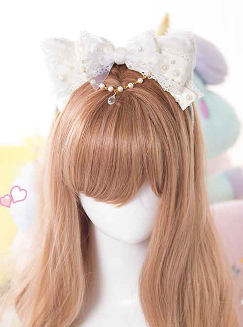 White Cat Ears Pearl Lace Bowknot Bead Chain Sweet Lolita Head Band