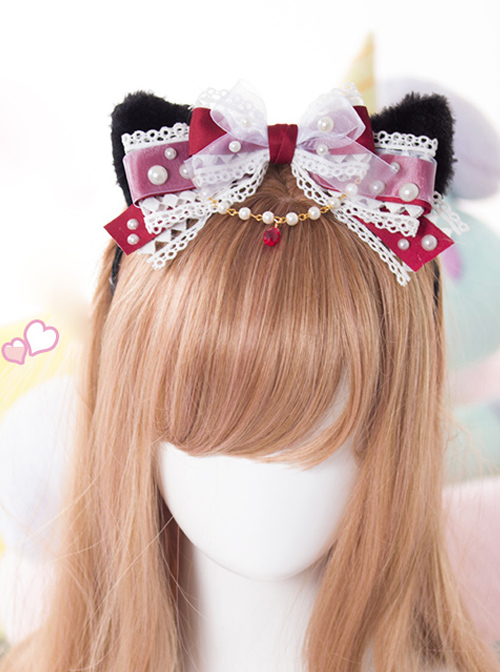 Black Cat Ears Pearl Lace Bowknot Bead Chain Sweet Lolita Head Band