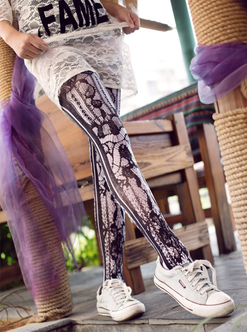 Punk Gothic Black Lace Printing Lolita Pantyhose