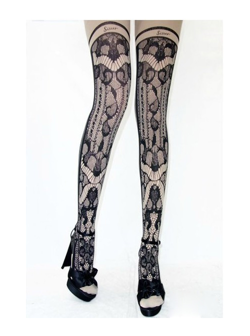 Punk Gothic Black Lace Printing Lolita Pantyhose