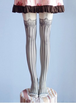 Sweet Gothic Milky White And Black Stripe False Sling Printing Lolita Pantyhose