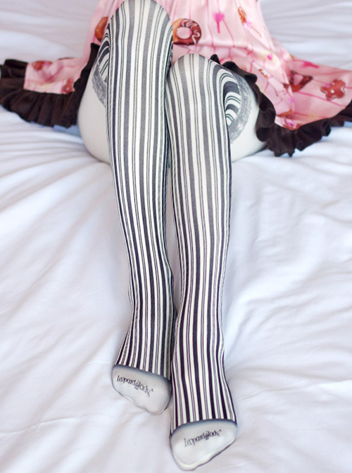 Sweet Gothic Milky White And Black Stripe False Sling Printing Lolita Pantyhose