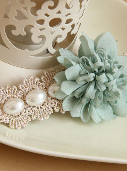 Mint Blue Flower Lace Pearl Lolita Hairpin