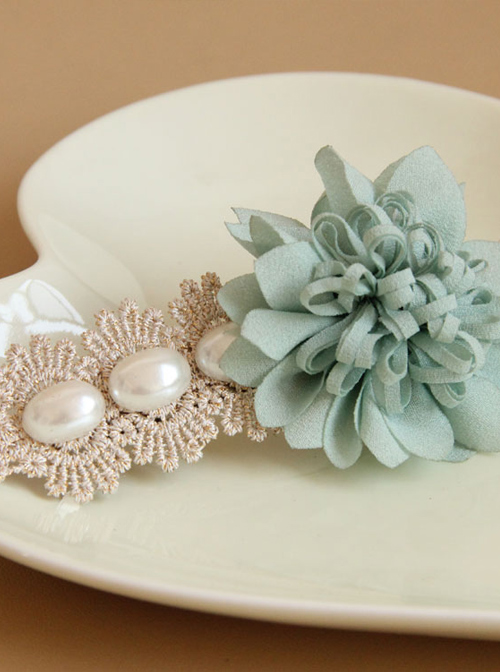 Mint Blue Flower Lace Pearl Lolita Hairpin