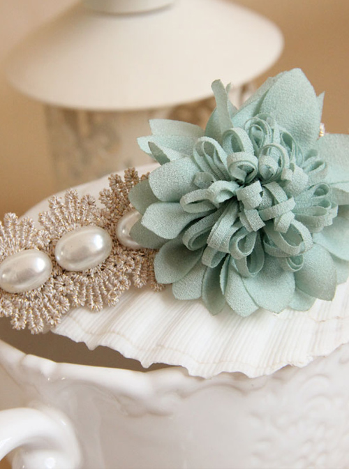 Mint Blue Flower Lace Pearl Lolita Hairpin