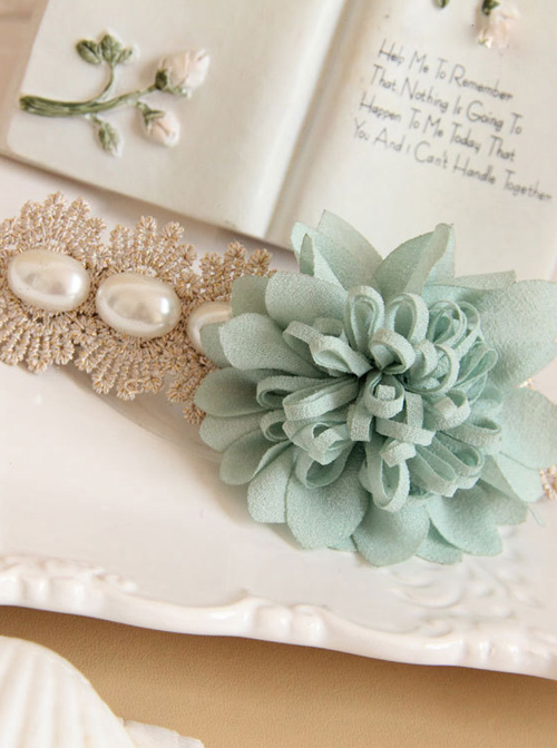 Mint Blue Flower Lace Pearl Lolita Hairpin