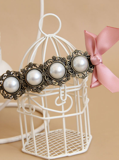 Handmade Classical Pearls Pink Bowknot Lolita Hairpin