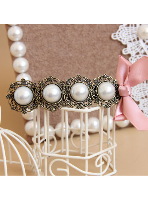 Handmade Classical Pearls Pink Bowknot Lolita Hairpin