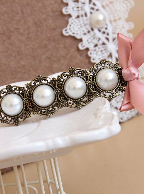 Handmade Classical Pearls Pink Bowknot Lolita Hairpin