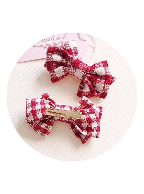 Hand Made Fashion Red Lattices Bowknot Sweet Lolita Hairpins