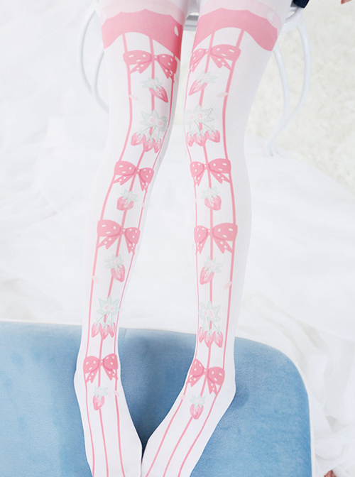 Fashion Pink Cute Bowknot Strawberry Stripes Printing Sweet Lolita Pantyhose