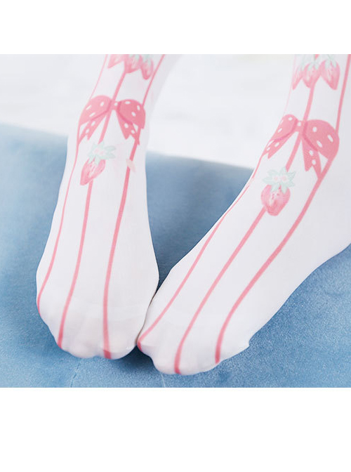 Fashion Pink Cute Bowknot Strawberry Stripes Printing Sweet Lolita Pantyhose