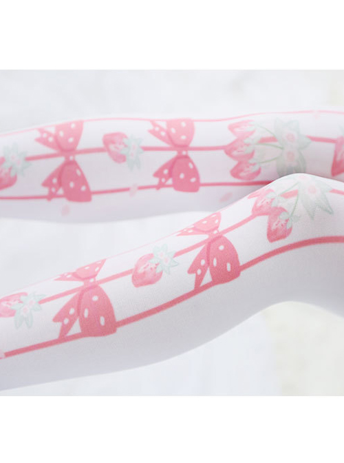 Fashion Pink Cute Bowknot Strawberry Stripes Printing Sweet Lolita Pantyhose
