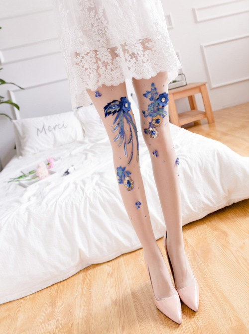 Fashion Blue-and-white Porcelain Series Embroidery Printing Handmade Decals Lolita 30D Pantyhose