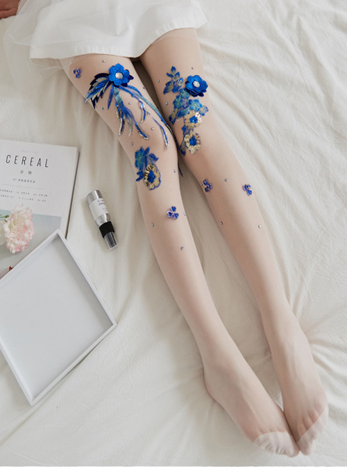 Fashion Blue-and-white Porcelain Series Embroidery Printing Handmade Decals Lolita 30D Pantyhose