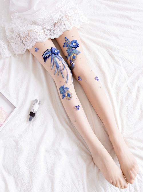 Fashion Blue-and-white Porcelain Series Embroidery Printing Handmade Decals Lolita 30D Pantyhose