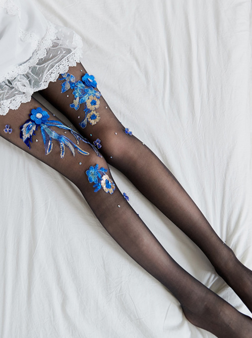 Fashion Blue-and-white Porcelain Series Embroidery Printing Handmade Decals Lolita 30D Pantyhose