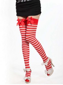 Retro Strawberry Bowknot Stripes Printing Lolita Knee Socks
