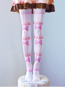 Fashion Lovely Bowknot And Strawberry Printing Sweet Lolita White Pantyhose