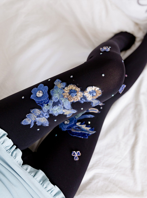 Fashion Blue-and-white Porcelain Series Embroidery Printing Handmade Decals Lolita 120D Pantyhose