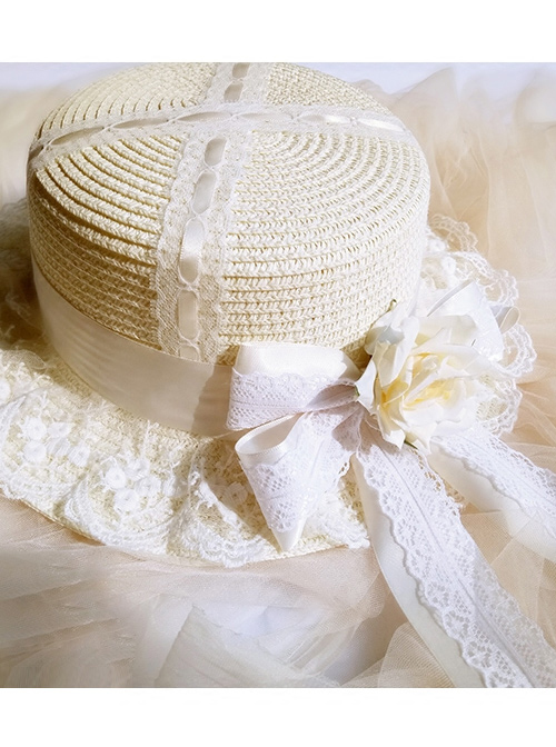 Cute Long Ribbon Bowknot White Lace Sweet Lolita Straw Hat