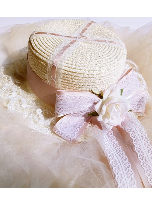 Cute Long Ribbon Bowknot White Lace Sweet Lolita Straw Hat