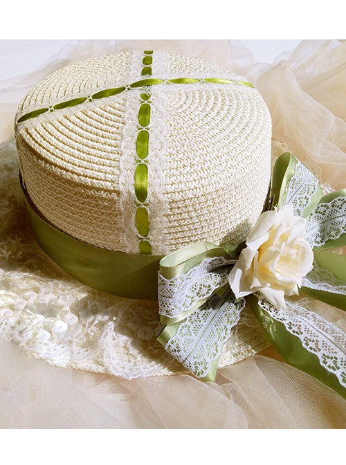 Cute Long Ribbon Bowknot White Lace Sweet Lolita Straw Hat