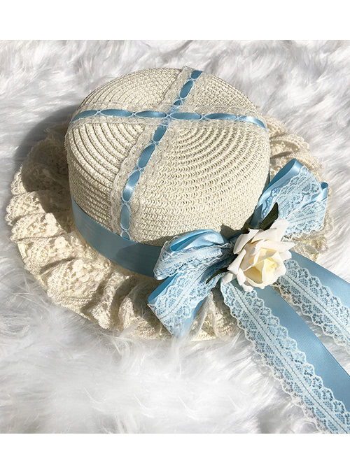 Cute Long Ribbon Bowknot White Lace Sweet Lolita Straw Hat