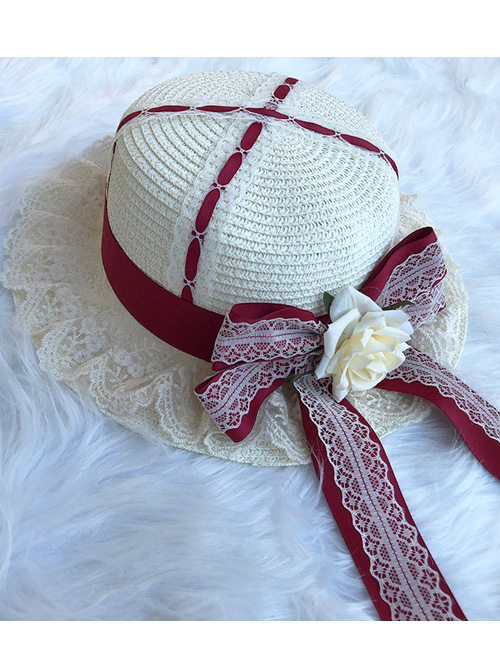 Cute Long Ribbon Bowknot White Lace Sweet Lolita Straw Hat