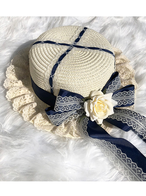 Cute Long Ribbon Bowknot White Lace Sweet Lolita Straw Hat