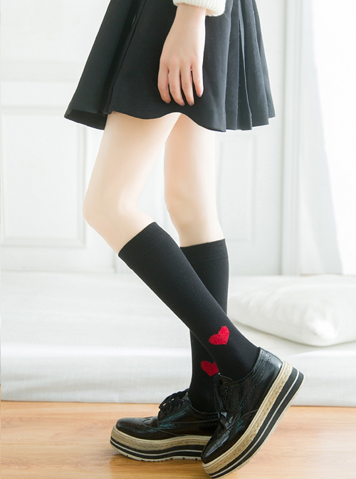 Pure Cotton The Heart-shaped Pattern Pure Color Stockings