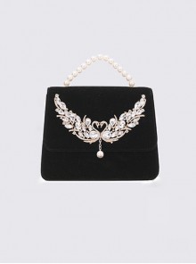 Elegant Retro Swan Lake Black Velvet Pearl Shoulder Bag