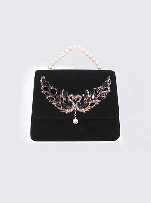 Elegant Retro Swan Lake Black Velvet Pearl Shoulder Bag