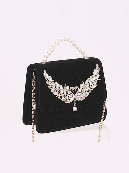 Elegant Retro Swan Lake Black Velvet Pearl Shoulder Bag